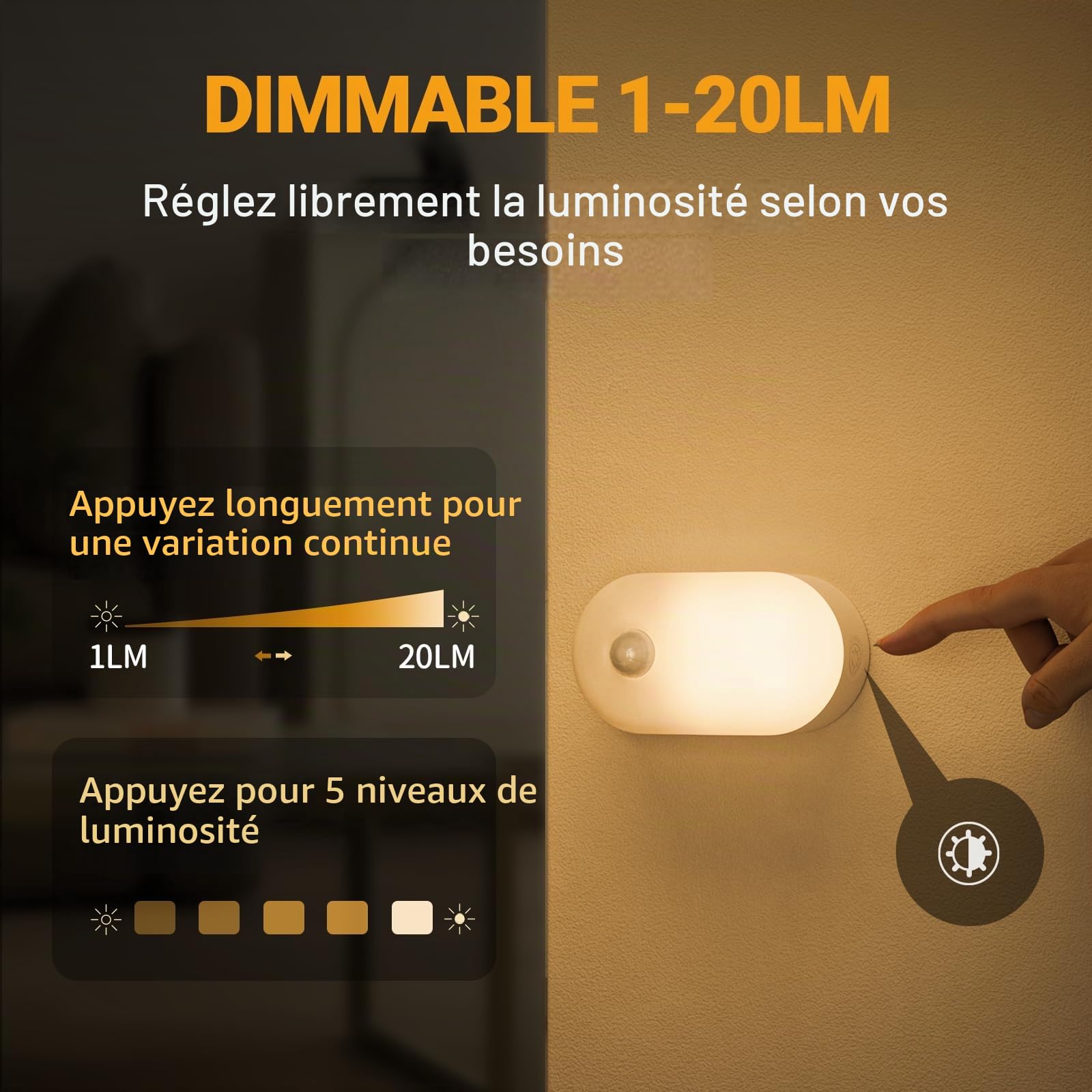 Lyridz Lot de 4 veilleuses rechargeables à coller n'importe où avec détecteur de mouvement Blanc chaud 1-20 lm LED avec crépuscule à l'aube, escaliers, couloir