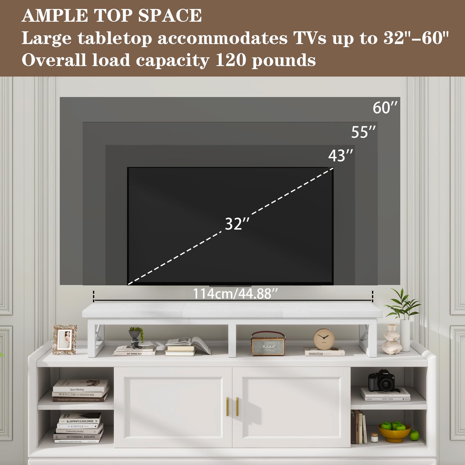 IBUYKE TV-Schrank Tisch,Fernsehtisch, 114 cm, mit 2 Lagerung,Tischplatte Kurzer TV-Ständer, für Fernseher bis zu 60 Zoll, Wohnzimmer, Esszimmer und Schlafzimmer,Weiß TVT002W