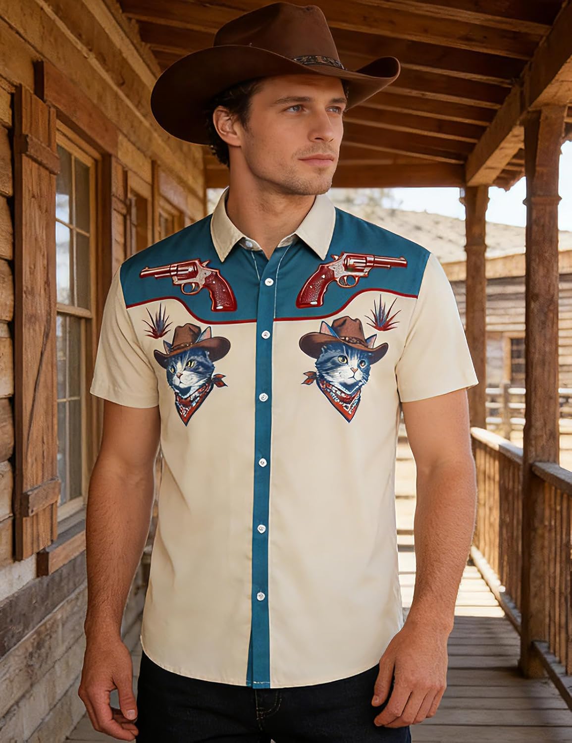 RAISEVERN Mens Hawaiian Shirt Western Cowboy Button Down Short Sleeve Tropical Beach Dress Shirt for Summer Holiday - Image 5