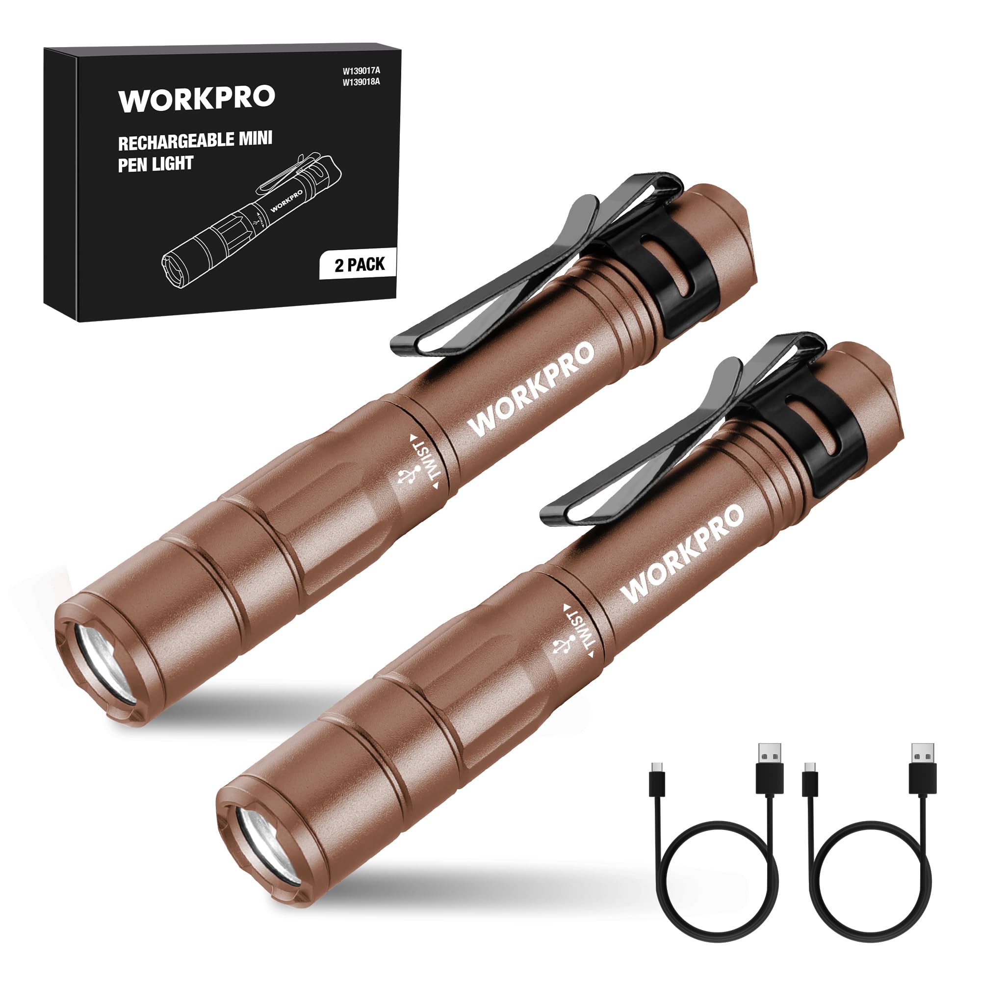 WORKPRO Rechargeable Pen Light 2-Pack