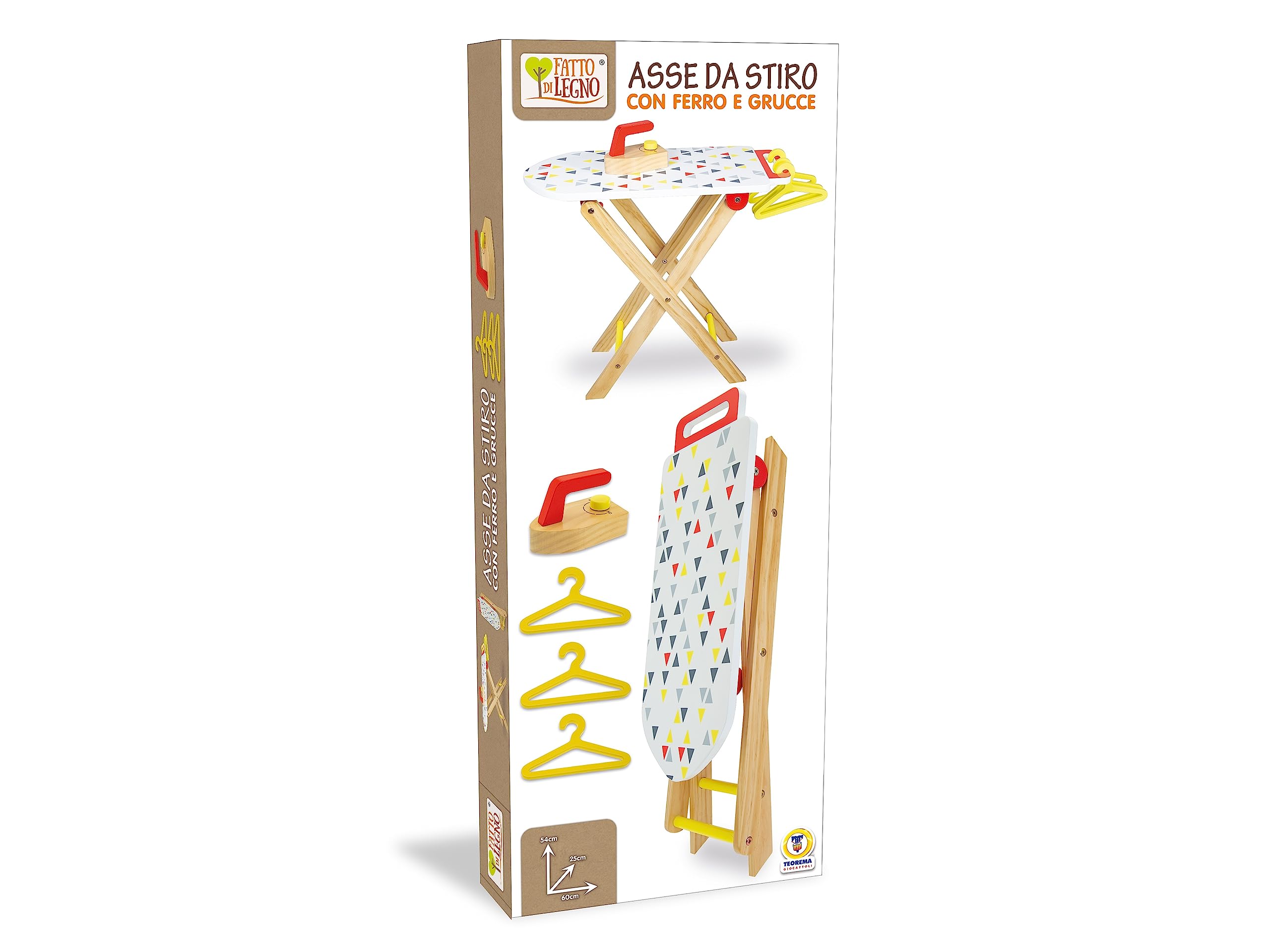 Teorema Giocattoli, Asse da Stiro con Ferro da Stiro Giocattolo, Set Completo in Legno Pieghevole e Accessoriato con Grucce, Gioco di Imitazione per Bambini, Altezza 55 cm