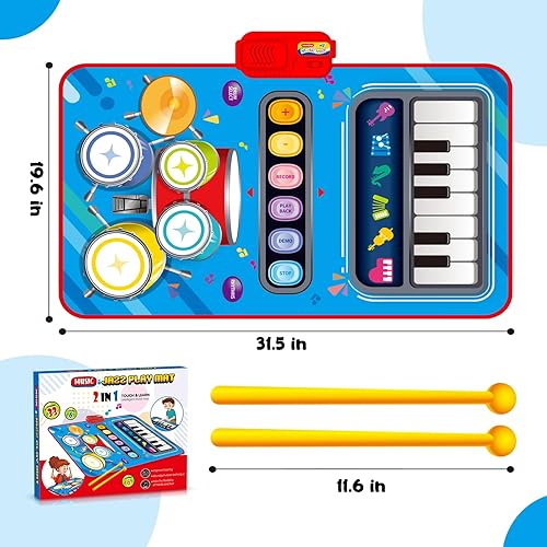 Miniatura 6 de UNIWA Juguetes para bebés para niños pequeños, tapete musical 2 en 1 para niños y niñas, teclado de piano y alfombrilla de batería con 2 varillas,