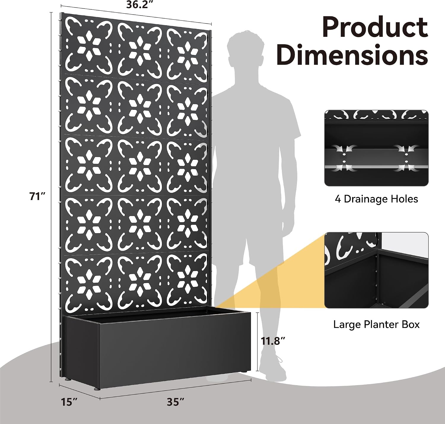 Bevivog Outdoor Privacy Screen with Planter Box, 71"x36" Freestanding Metal Privacy Planters for Patio Garden Metal Planter Box with Trellis, Outside Privacy Fence with Planter for Climbing Plants