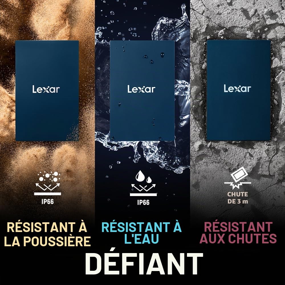 Lexar Armor 700 Disque Dur SSD Portable 8 to – Jusqu'à 2000 Mo/s en Lecture et écriture, USB 3.2 Gen 2x2, Robuste IP66 résistant à l'eau et à la poussière, Compatible avec PC, Mac, iPad, iPhone 15/16