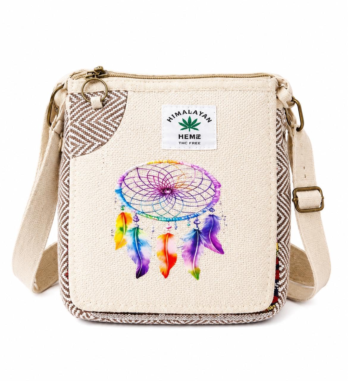Hemp Fabric Sling Bag for Women & Girls | Dream Catcher Print | Adjustable Crossbody Shoulder Bag | Casual Travel Office Handbag | Beige-image-35
