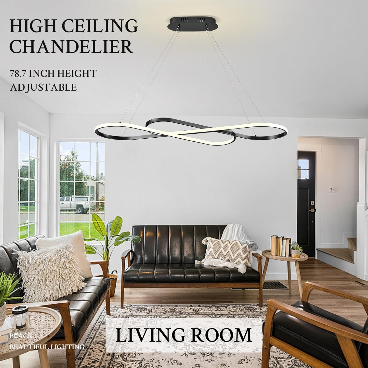 Modern LED Chandelier Black Dimmable LED Pendant Light for Dining Room Light Fixture Over Table Modern Kitchen Island Lighting High Ceiling with Remote for Living Room(42 Inch, 3000K-6500K)