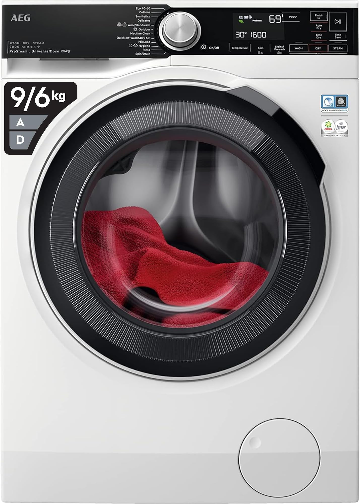 AEG 7000 Series Washer Dryer 9 kg Wash/6kg Dry Load LWR7596O5U, UniversalDose Prosteam Freestanding Washer Dryer using 96% less water, 1600rpm Spin, Energy Class A, White
