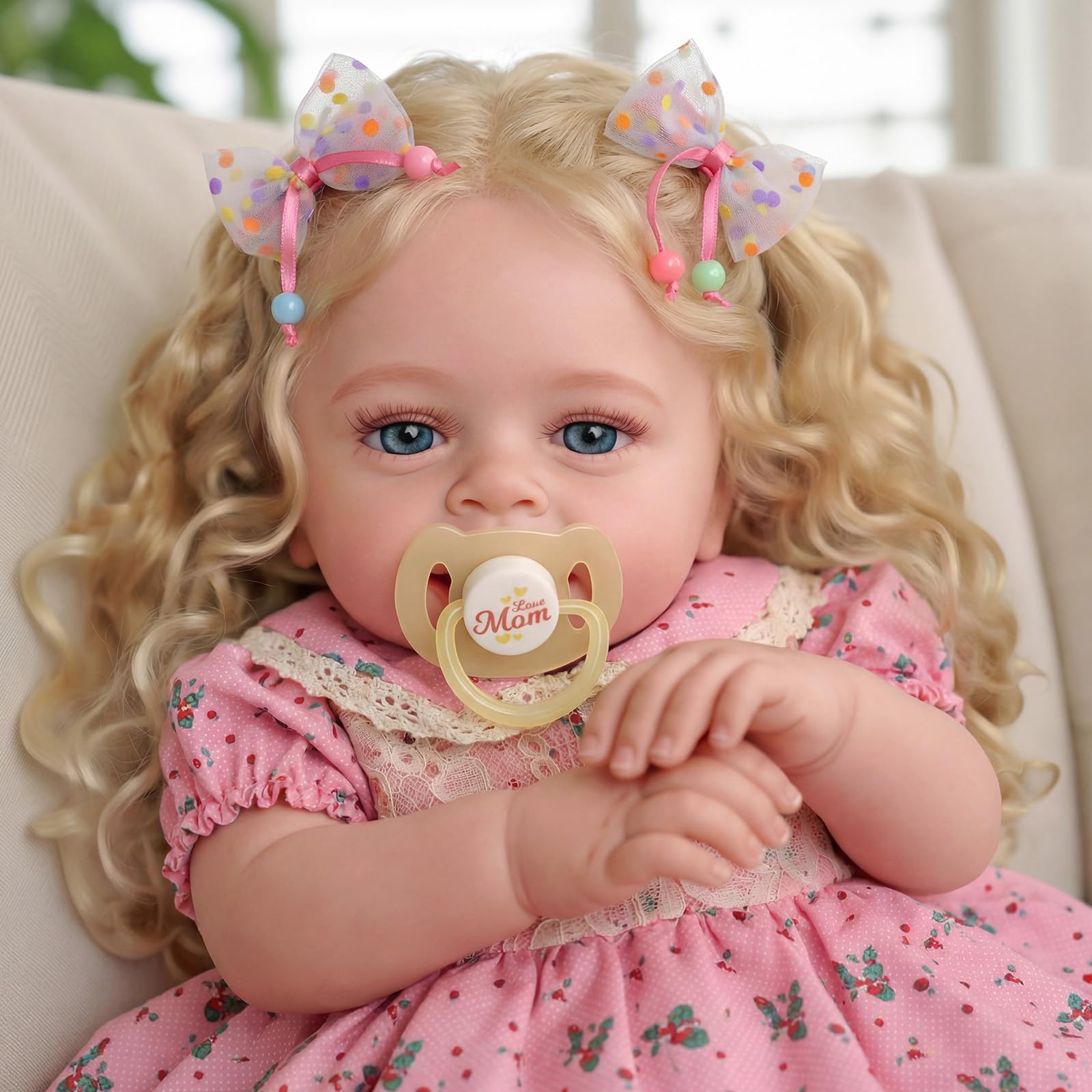 BABESIDE Realistische Babypuppen echte Reborn-Babypuppen 45cm Lebensechte Mädchen Weicher Stoffkörper mit Langen Blonden Haaren, mit Kleidungszubehör für Kinder ab 3 Jahren,Rosa