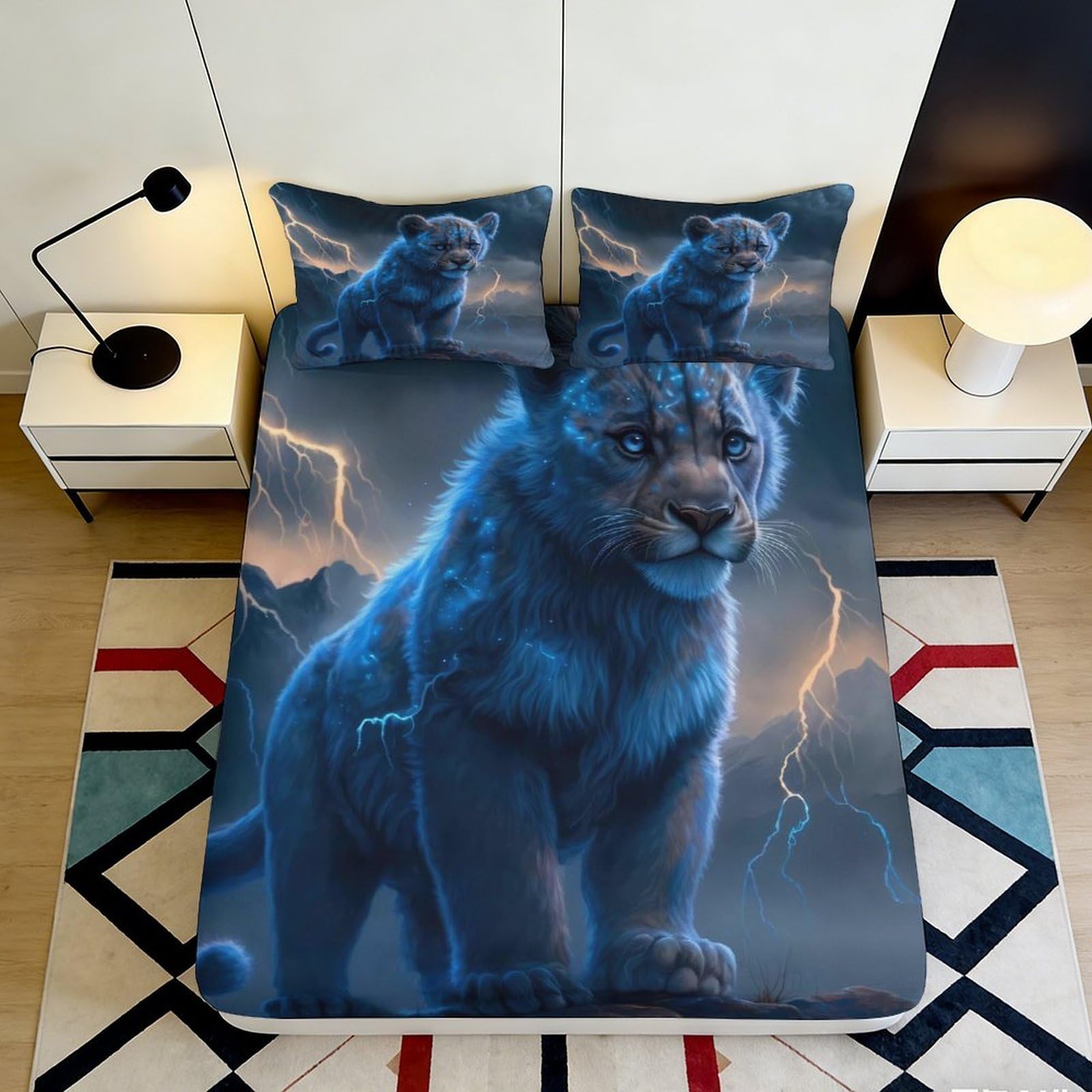 3D Printed Thunder Panther Fitted Sheet Microfiber Soft Non Slip Lightning Beast Bed Cover for Bedroom Dorm Decor 90x200x25cm