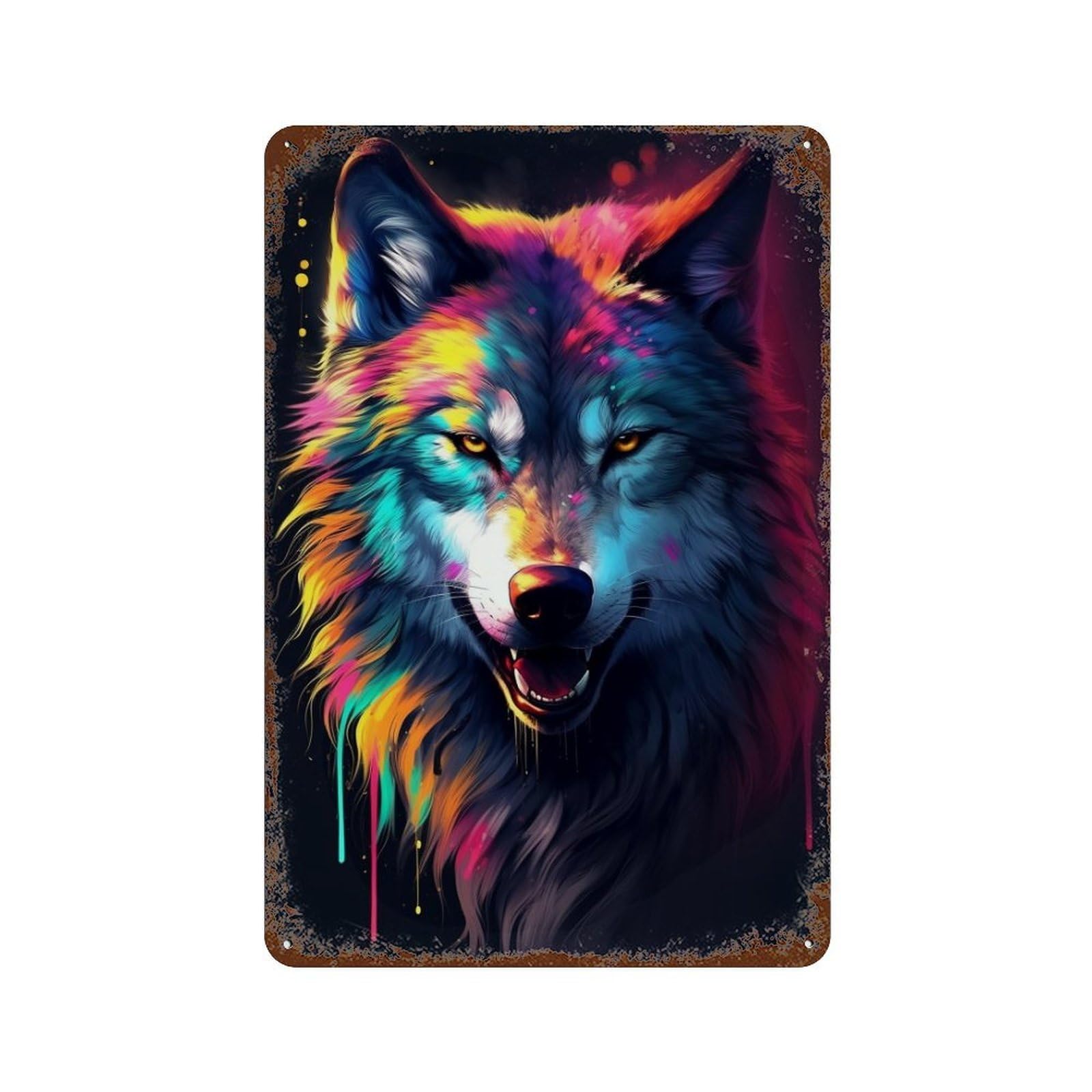 Colorful Wolf Art Print-7 Distressed Metal Wall Sign 11.8"x7.9", Shabby Chic Decor for Garage, Pub Or Kitchen