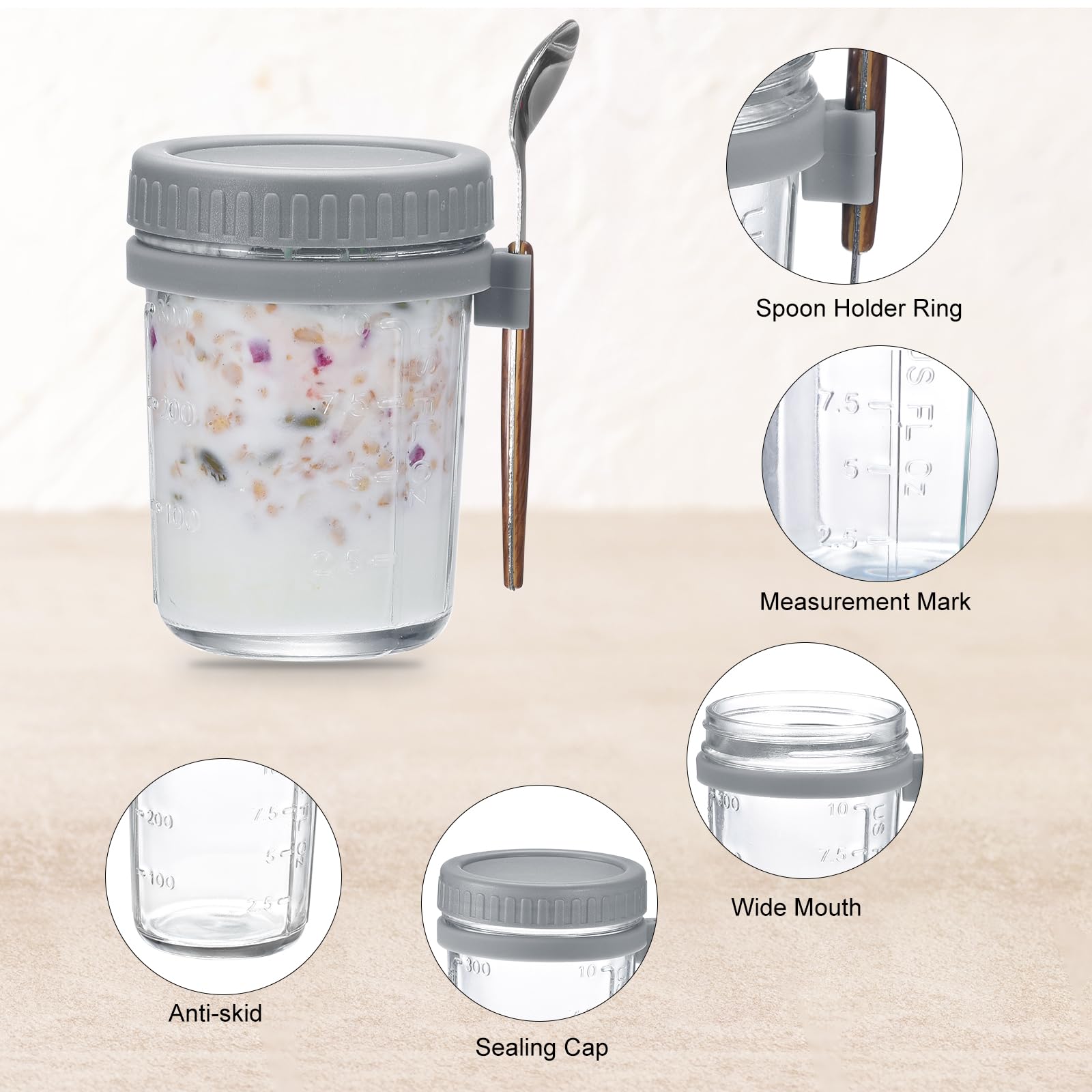 QUARKZMAN Übernacht Haferflocken Behälter mit Deckel 6stk - 10 Oz Übernacht Haferflocken Gläser mit Löffeln und Maß Markierungen Mason Glas Gläser für Milch Müsli (Grau)