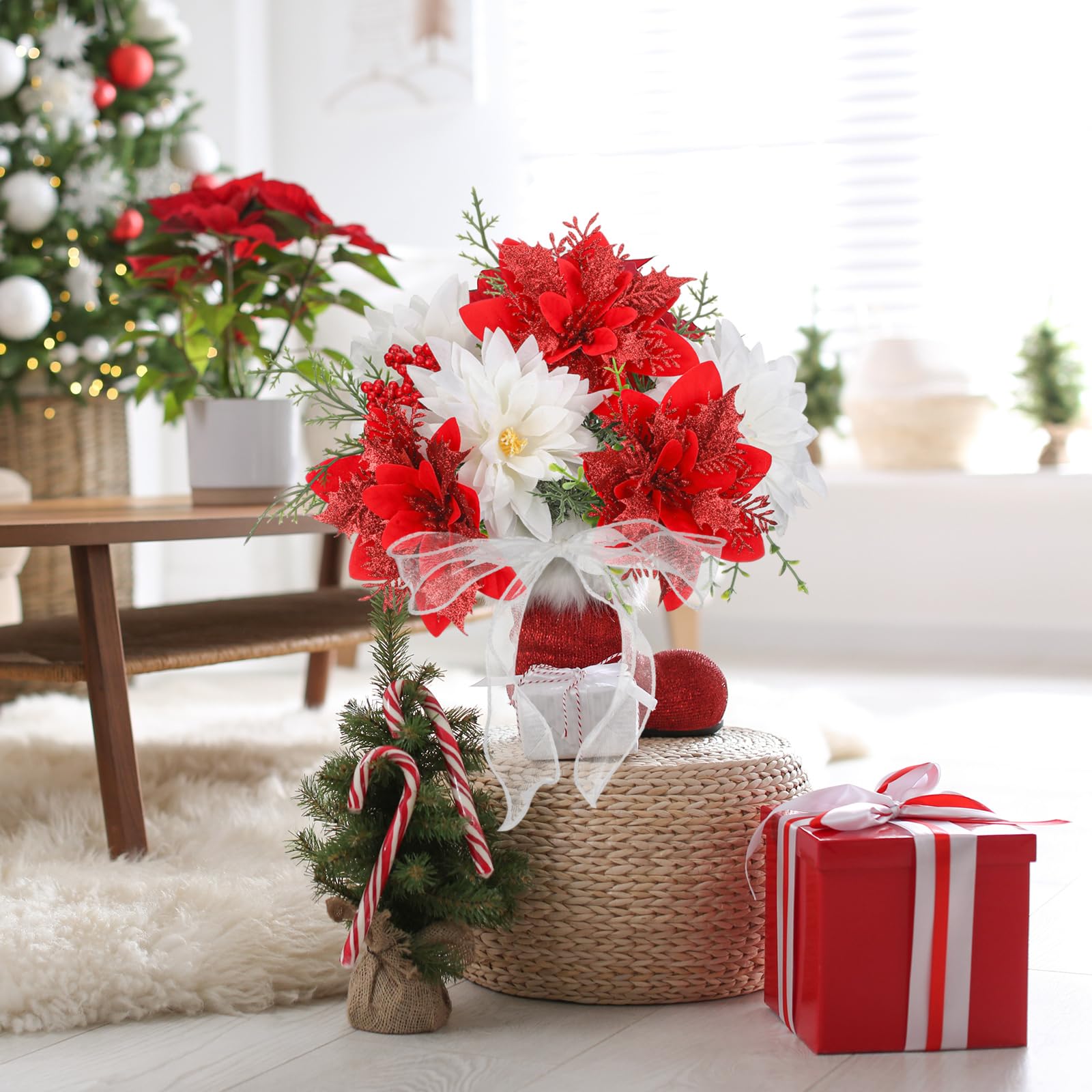 Giegxin Lot de 4 bouquets de poinsettia artificiels en velours synthétique de 35 cm pour décoration de maison, porche