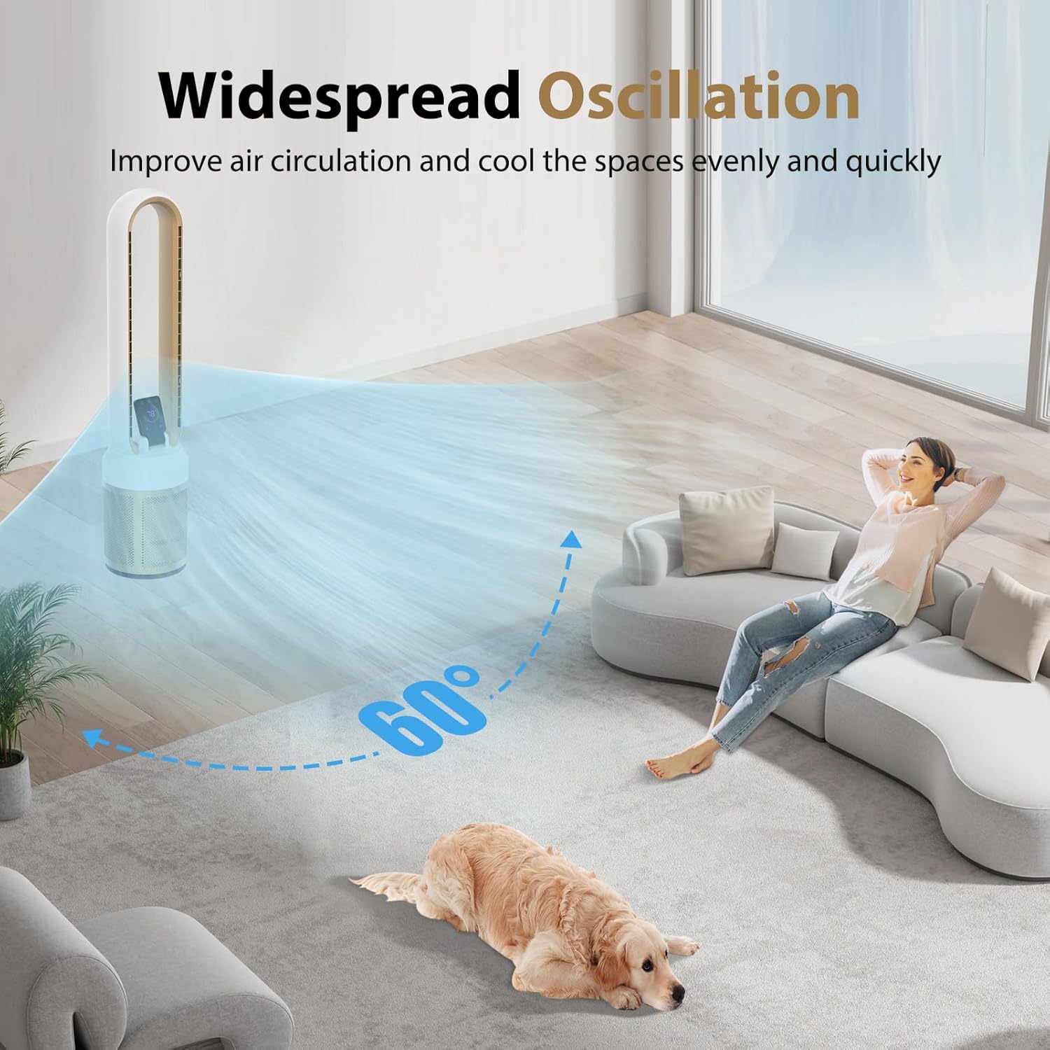 38" Bladeless Fan for Bedroom, Quiet Tower Fan with Remote & Large LED Touchscreen, 24 Speeds, 60° Oscillation, 12H Timer, Portable Standing Fan for Home Office (White Gold, 38")