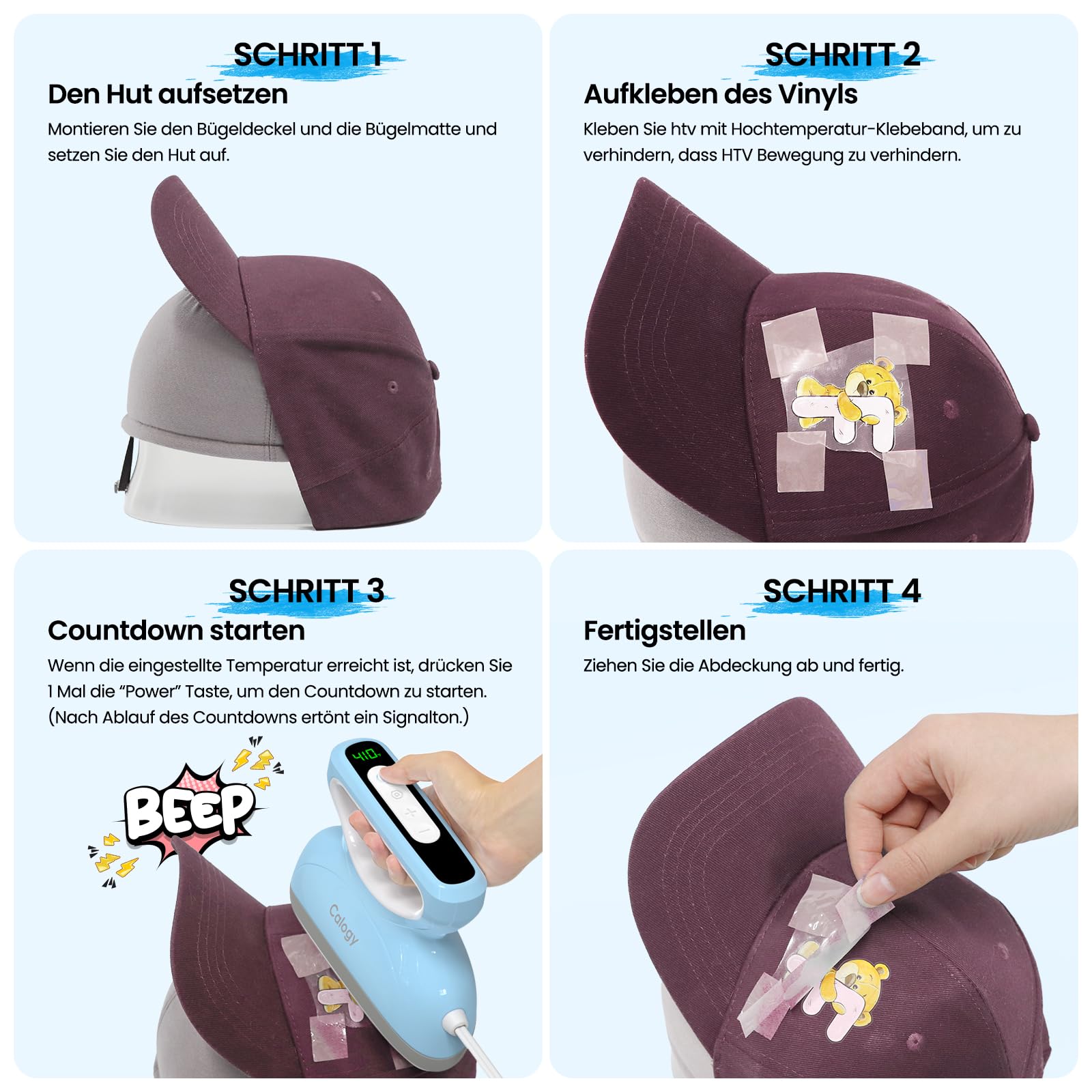 Calogy Mützen Heat Press Mini, Countdown Kappen Druckmaschine Max Temp 210℃ mit Runde Pressbasis Kappen Druckmaschine, Heißpresse für Caps, Lätzchen, Snapbacks, Beanies, Trucker-Mützen