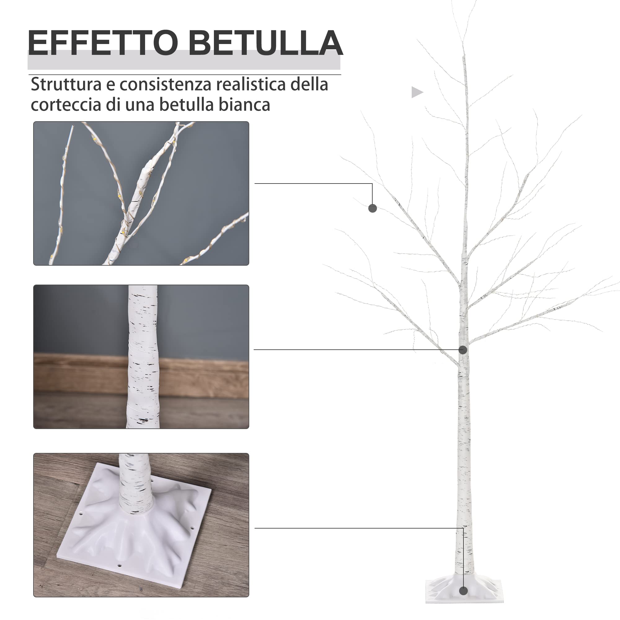 HOMCOM Albero di Natale con Luci LED, Base Quadrata e Cavo di Alimentazione per Interni ed Esterni, in Acciaio e PP, 20x20x150, Bianco