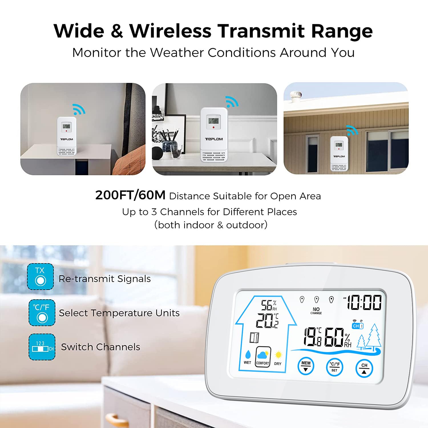 Stazione meteorologica digitale con touch screen retroilluminato, misuratore intelligente di temperatura e umidità, orologio meteorologico, con rilevamento di temperatura e umidità, promemoria