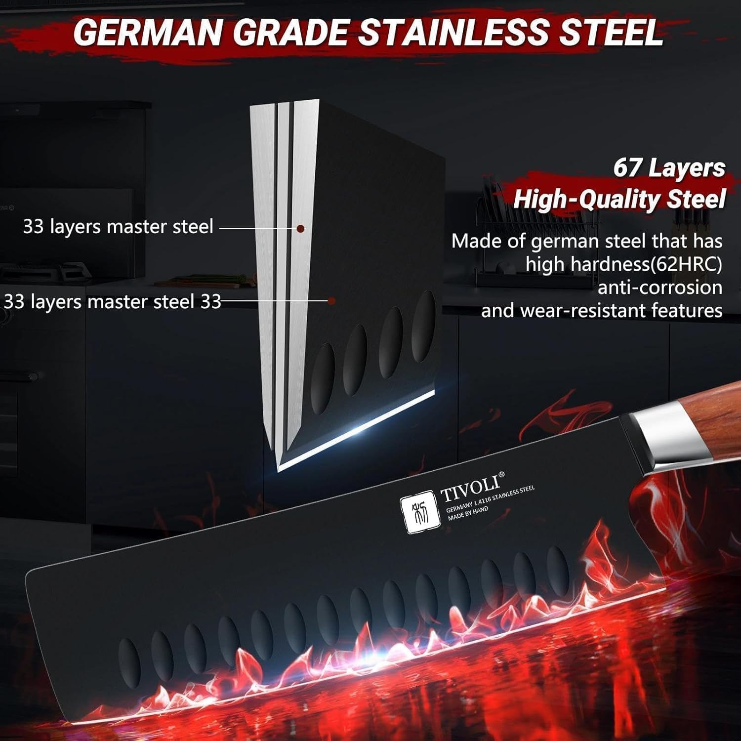 TIVOLI 3 Piece Kitchen Knife Set - High Carbon Steel Black Blade Rustproof Coating - Chef Knife Set with Ergonomic Wood Handle, Cooking Knives for Meat Vegetable Fruit, Gift Box Sharp Knives