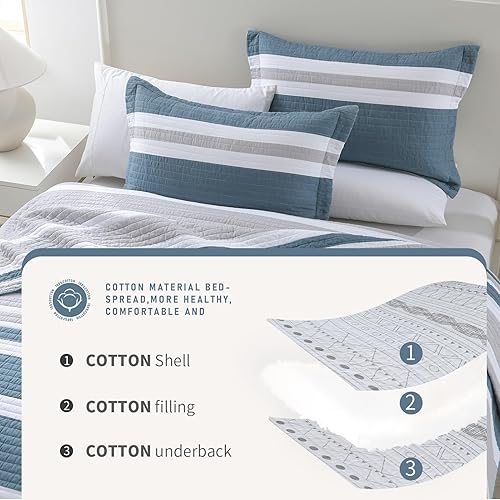 Miniatura 5 de Finlonte Edredón azul marino Queen 100% algodón tamaño Queen, edredón a rayas azul marino, colcha ligera y suave tamaño Queen para todas las