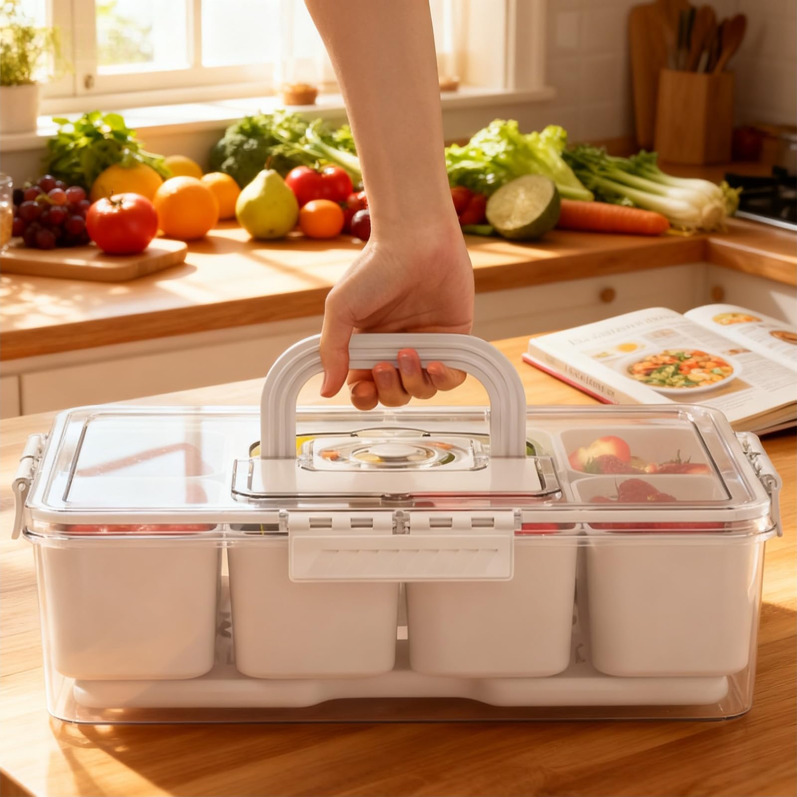 Snack Box con scomparti di raffreddamento – Contenitore frigo portatile con manico per picnic, viaggi e feste all'aperto – Con scomparto per ghiaccio per snack freschi, frutta e verdura