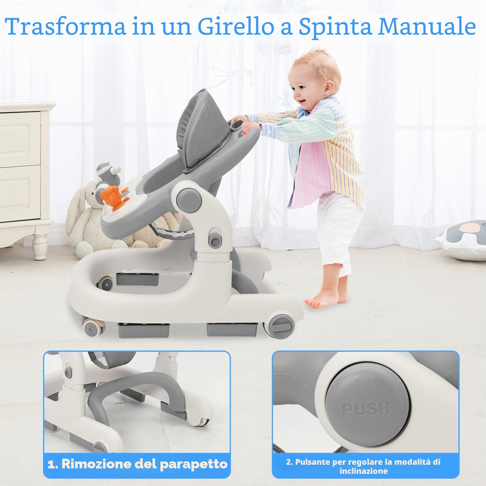 3 in 1 Girello Neonato, Baby Walker per Bambini con ruote, luce, musica, centro giochi, Altezza Regolabili, Carrellino per Bimbi 6-18 Mesi (Grigio)