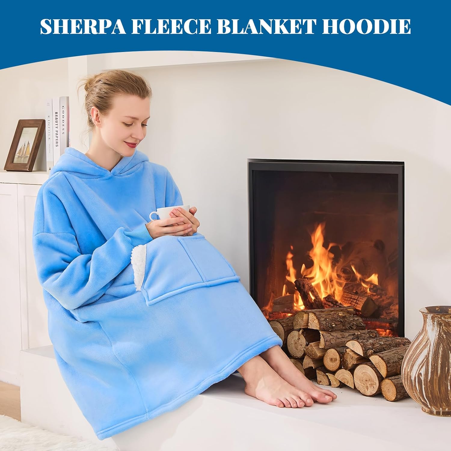Wearable Blanket Hoodie, Oversized Sherpa Fleece Sweatshirt Blanket with Giant Pockets & Sleeves for Adult, Cozy Hooded Blanket, Winter Gift for Women, Blue - Image 4