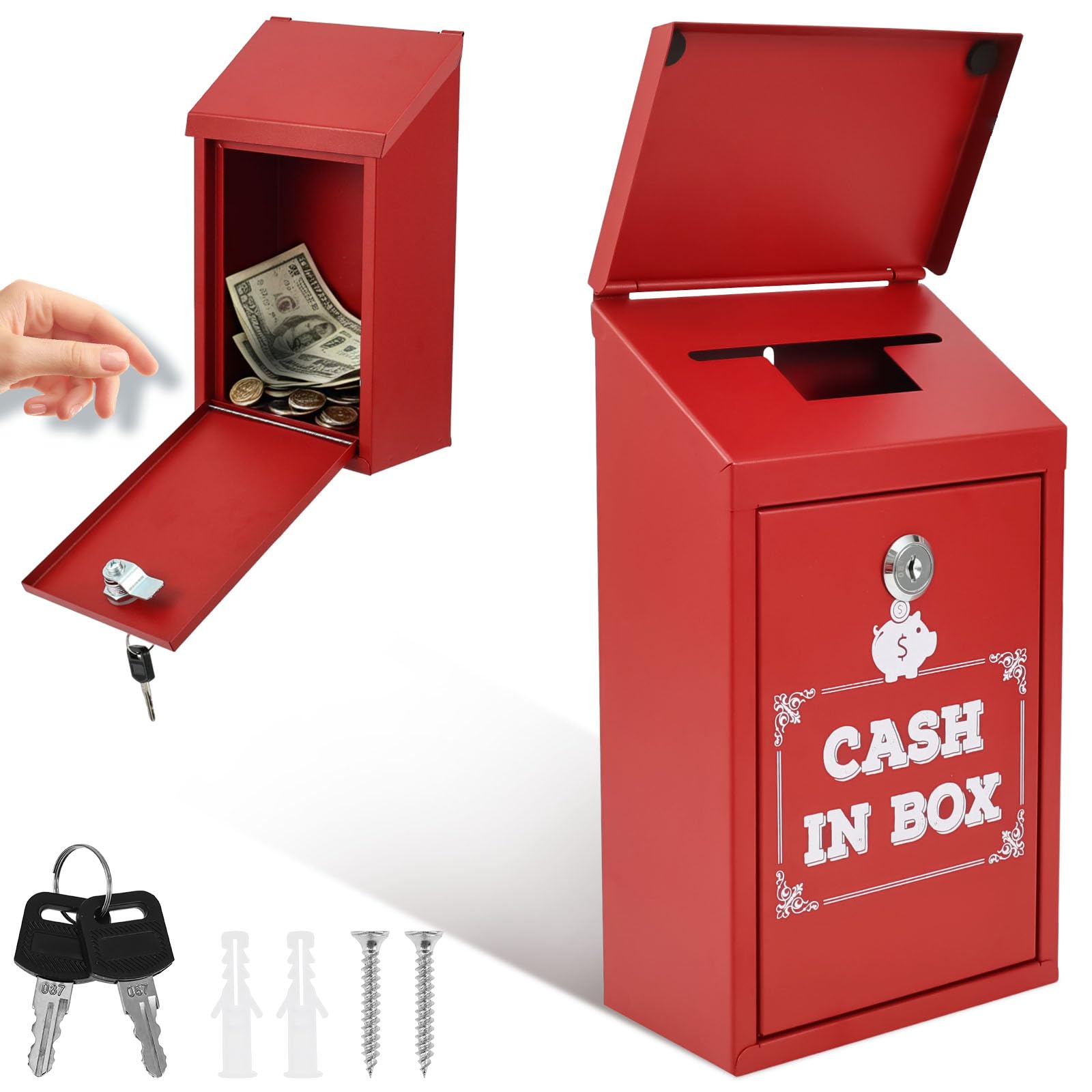 Suggestion Box for Mail and Documents, Lockable Cash Box with Two Slot, Wall Mounted Money Donation Boxes, Cash Drop Mailbox, Heavy Duty Metal Collection Boxes for Vote Key and Mail(Red)