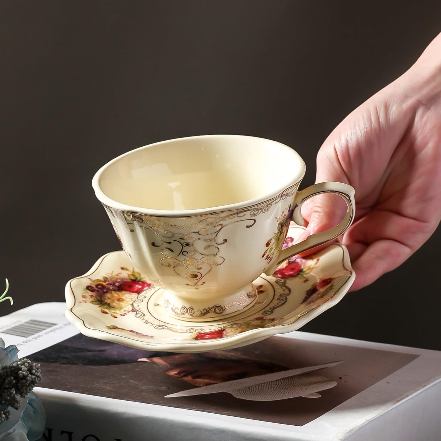 8 oz Vintage flower Ceramic cup and 6" saucer set with Brand customized stainless steel spoon Gifts for Afternoon Tea Coffee Hour (F) - Image 3