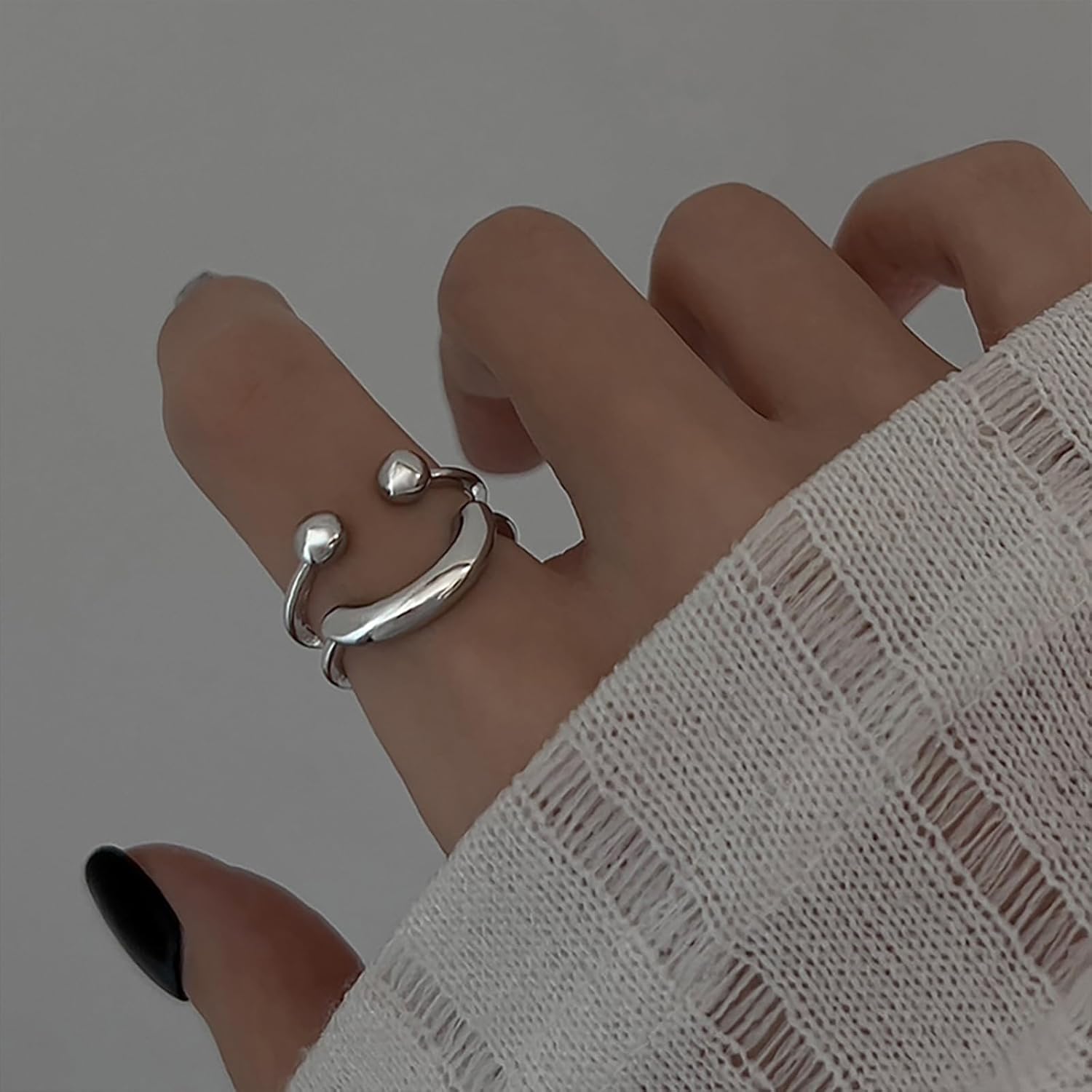 Double Layer Smile Face Metal Open Adjustable Ring Fashion Silver - Image 2