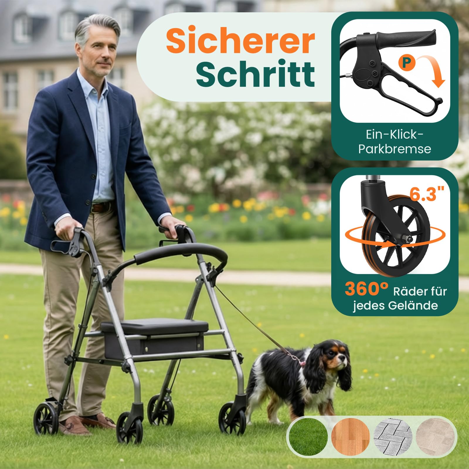 Faltrollator mit Sitz – stabiler 4-Rad-Gehwagen für Senioren & Gehbehinderte, Silbergrau