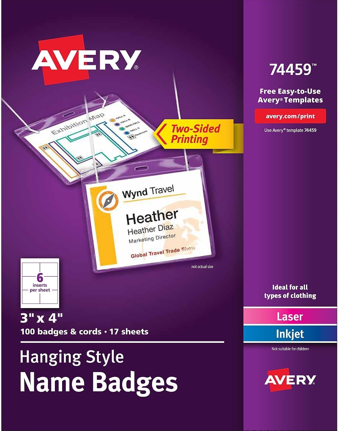 Avery Name Badges with Lanyards, Print or Write, 3" x 4", Badge Holders & Lanyards, 100 Inserts (74459)