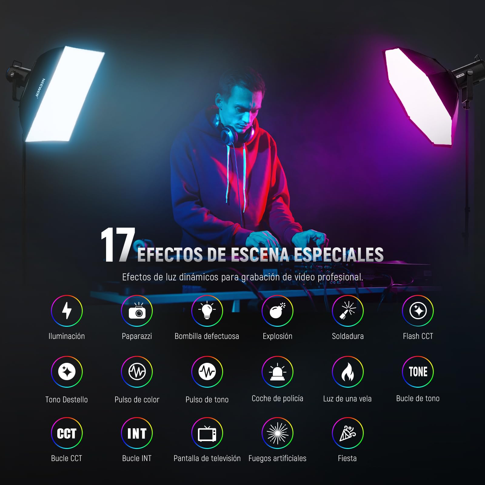 NEEWER CB200C 200W RGB COB LED Luz de Vídeo, App/2.4G Control 360° Todo Color 2500K-7500K 23000lux/m 17 Escena Bowens Mount Iluminación Estudio Fotográfico Foco Lámpara Continua Silenciosa TLCI/CRI97+