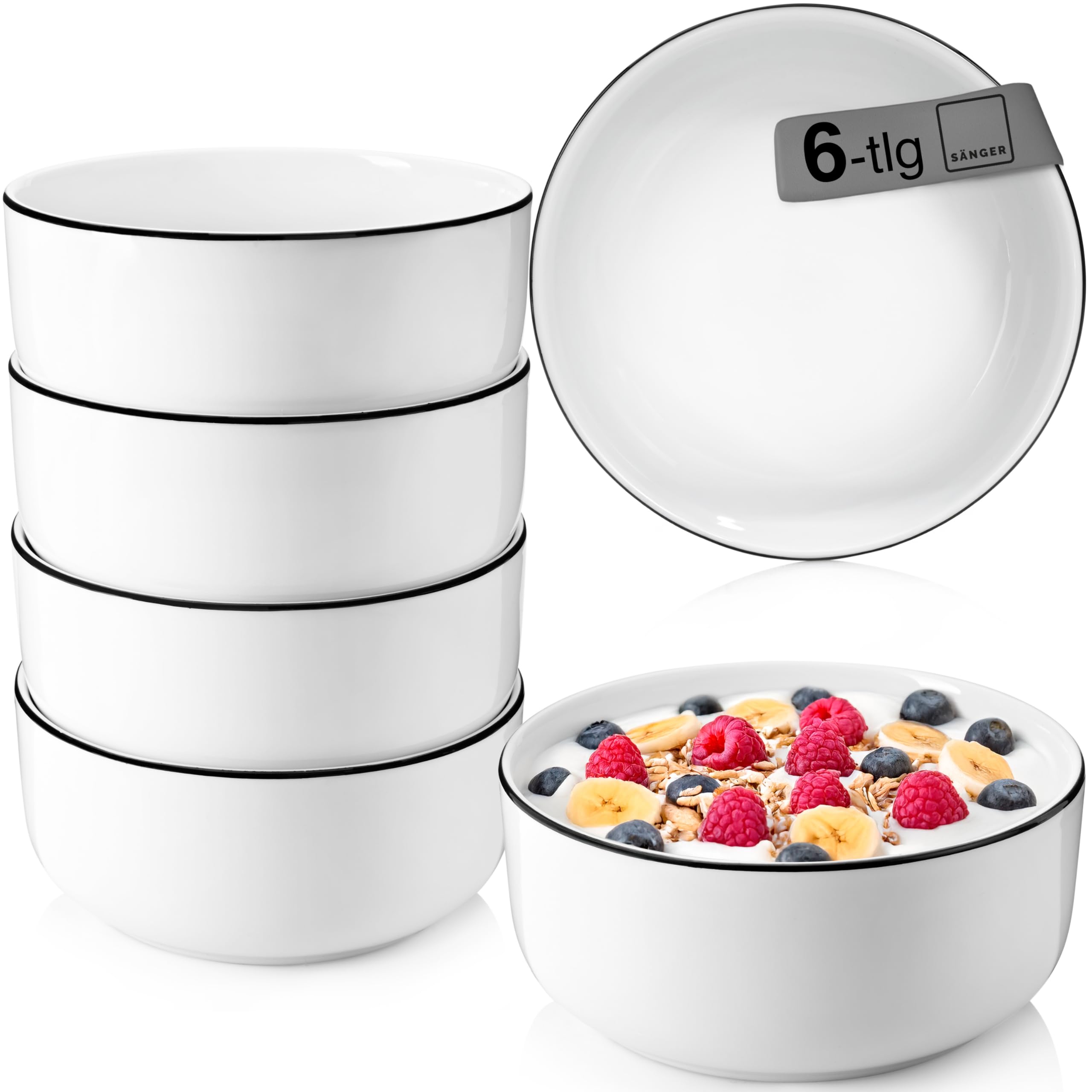 SÄNGER | Müslischalen Marlo Black Rim 6 tlg, Müsli Schüssel Set 6 Personen, Porzellan Bowl Schüssel, Schale, Spülmaschinenfest, Müsli Schale Weiß mit schwarzen Akzenten 500 ml | PREMIUM COLLECTION