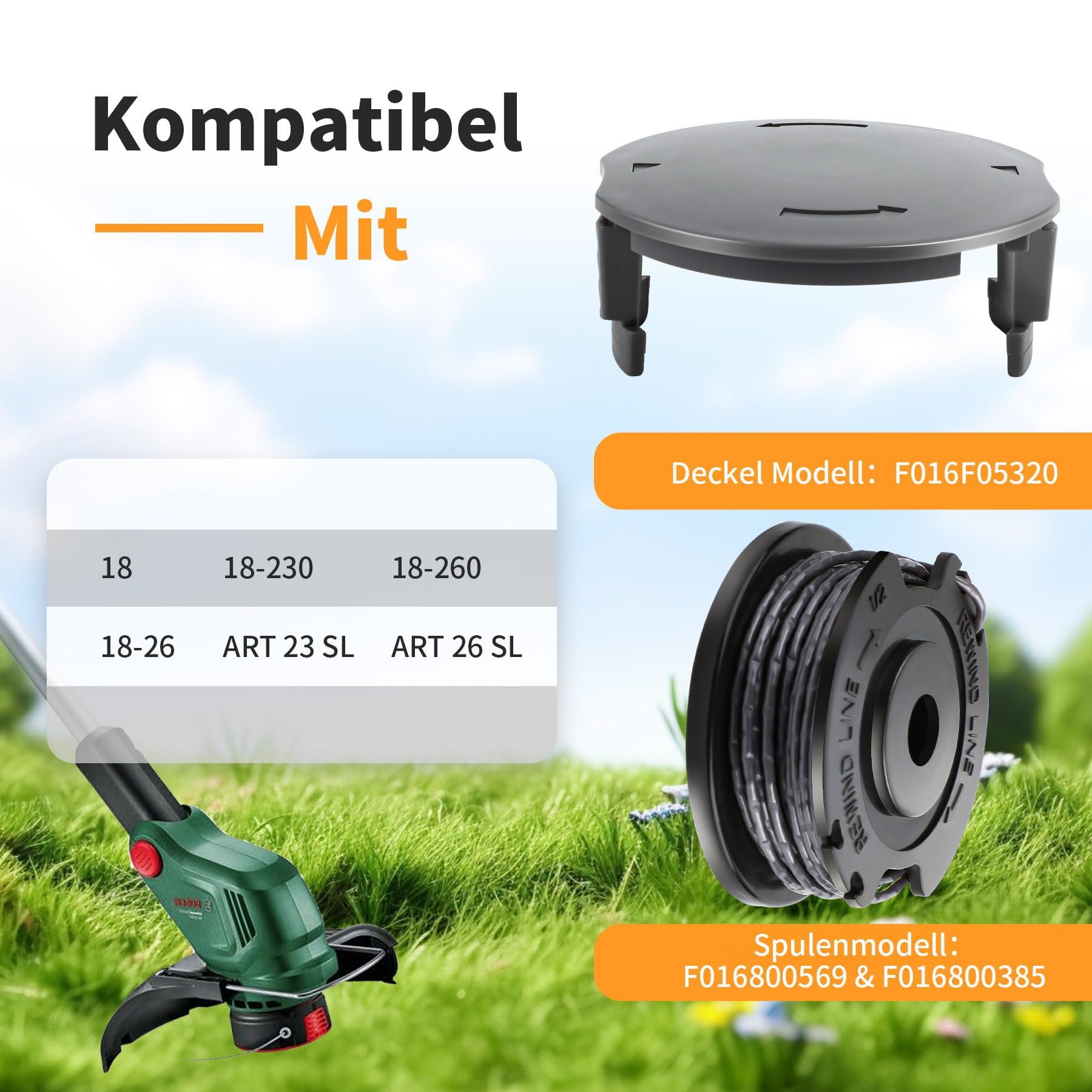 OMECO Fadenspule Kompatibel mit Bosch EasygrassCut 18 23 26 SL 18-26 18-260 18-230, F016800569 F016800385 Easygrasscut Trimmer Ersatzspule, 1.60mm 4.9m(8 Ersatzspulen, 2 Kappe)