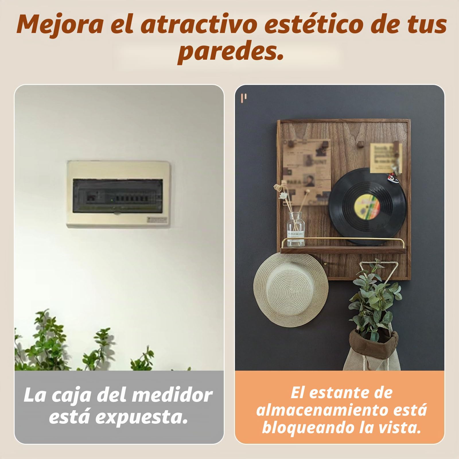 Tapa decorativa para caja de distribución pared,elegante tapa para contadores,con estantes y ganchos,Cubierta para fusibles,Caja interruptores contador abatible(50 * 60cm/19.7 * 23.6ln)