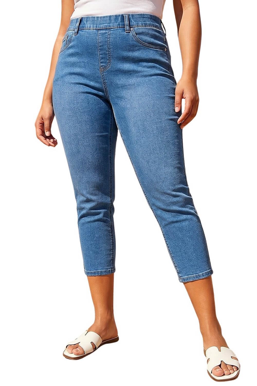 Roman Women's Curve Elastic Waist Cropped Denim Jeggings Pants in Mid Blue | Size: 20