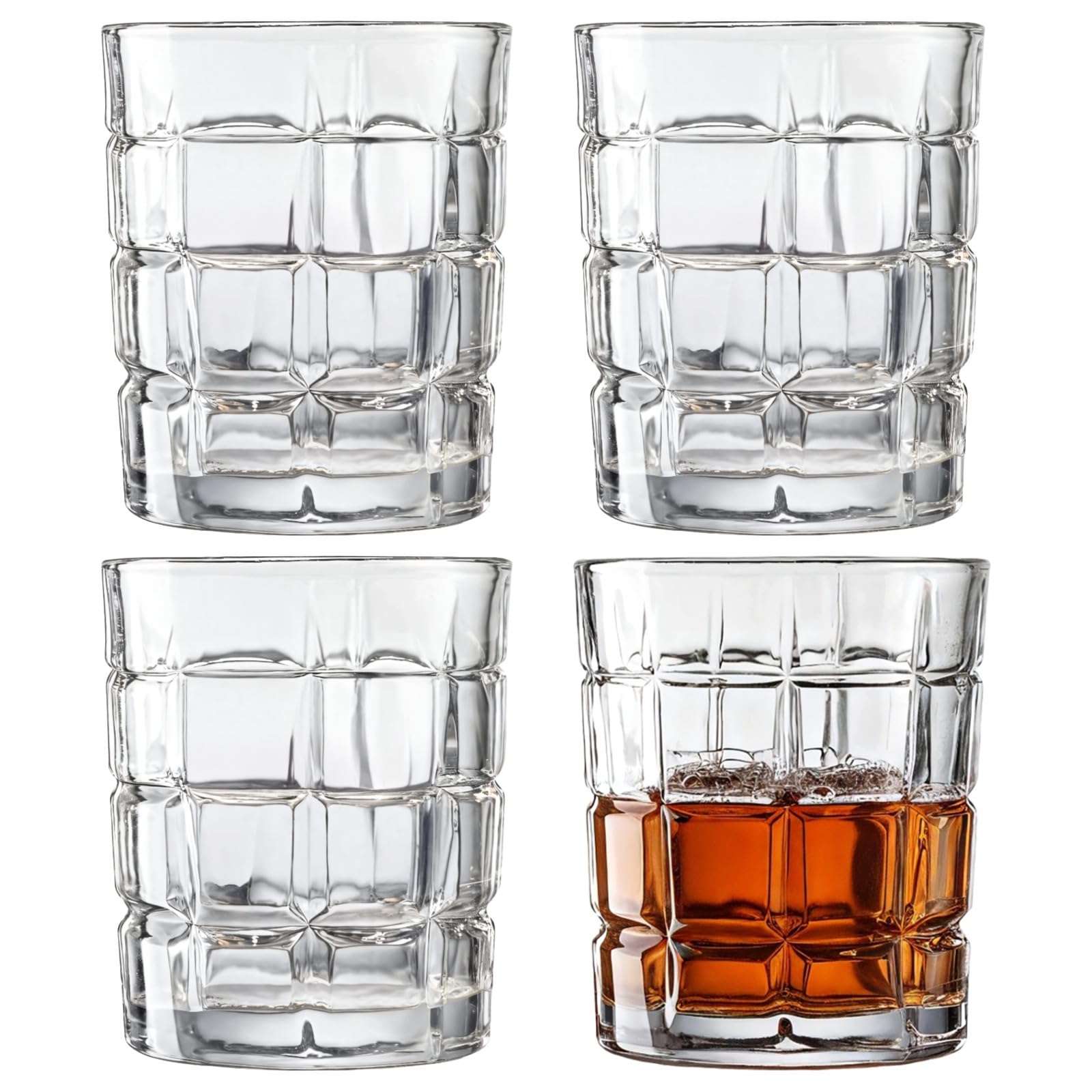 Zestaw 4 szklanek do whisky, przezroczyste szklanki Lowball z solidnym wzorem w kratkę do burbonu i koktajli