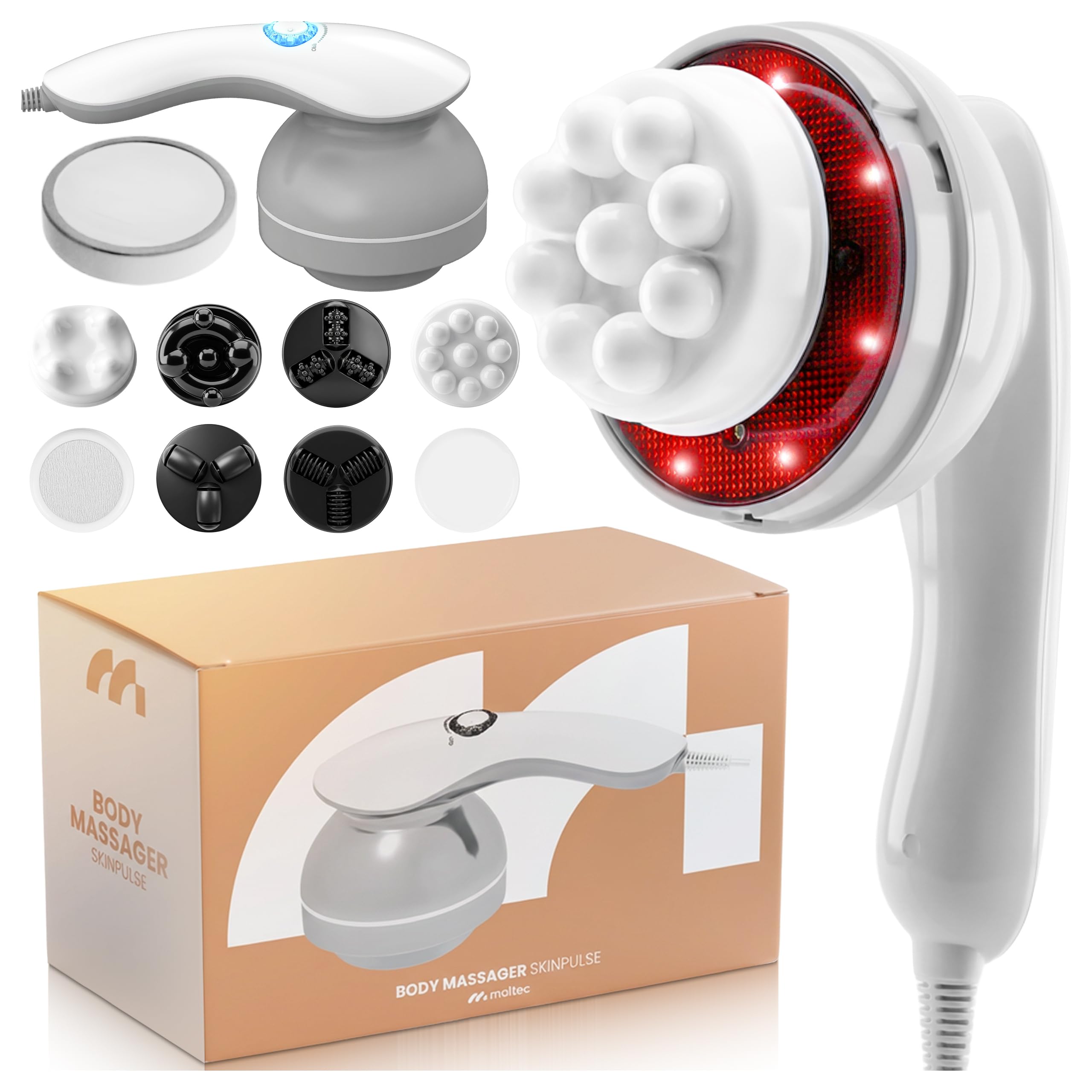 MalTec Anti Cellulite Massagegerät Körper, Vibrationsmassagegerät mit 8 Aufsätzen, 14 mm Amplitude, stufenlose Intensität, Netzbetrieb, Haar-Schutznetz, Körpermassagegerät für Beine Bauch SkinPulse