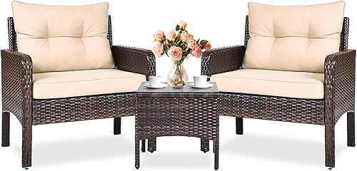 KOTEK Juego de muebles de patio de 3 piezas, juego de muebles de mimbre para exteriores con 4 cojines, juego de muebles de ratán PE para todo tipo