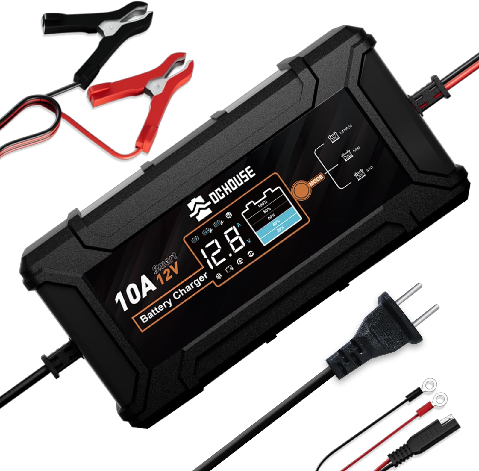 DCHOUSE Car Battery Charger 10A 12V Smart LiFePO4 LCD Display Lithium Battery Charger for Truck Motorcycle Lawn Mower Boat Marine