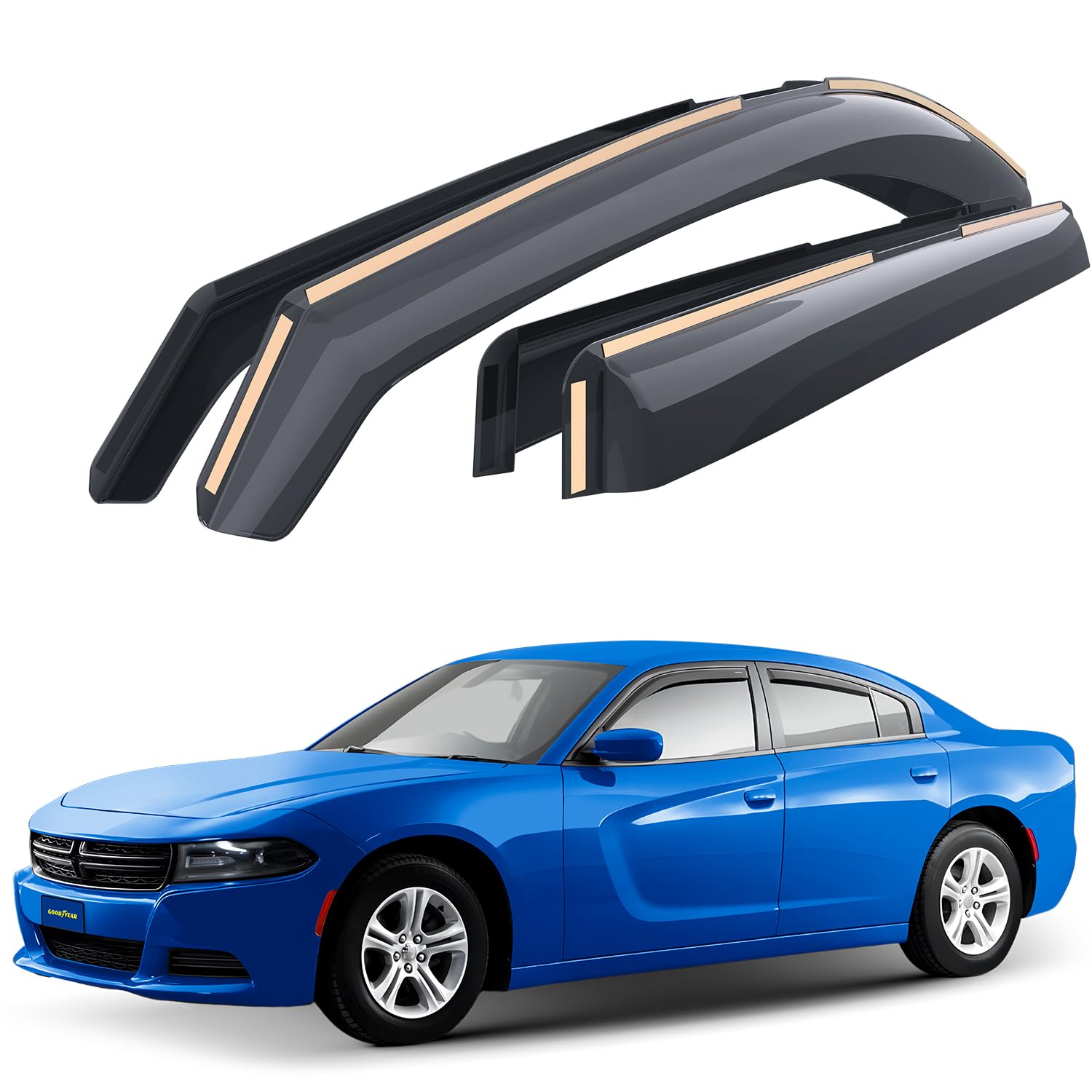goodyear shatterproof in-channel window deflectors for dodge charger 2011-2024, rain guards, window visors for cars, vent deflector, car accessories, 4 pcs - gy007897