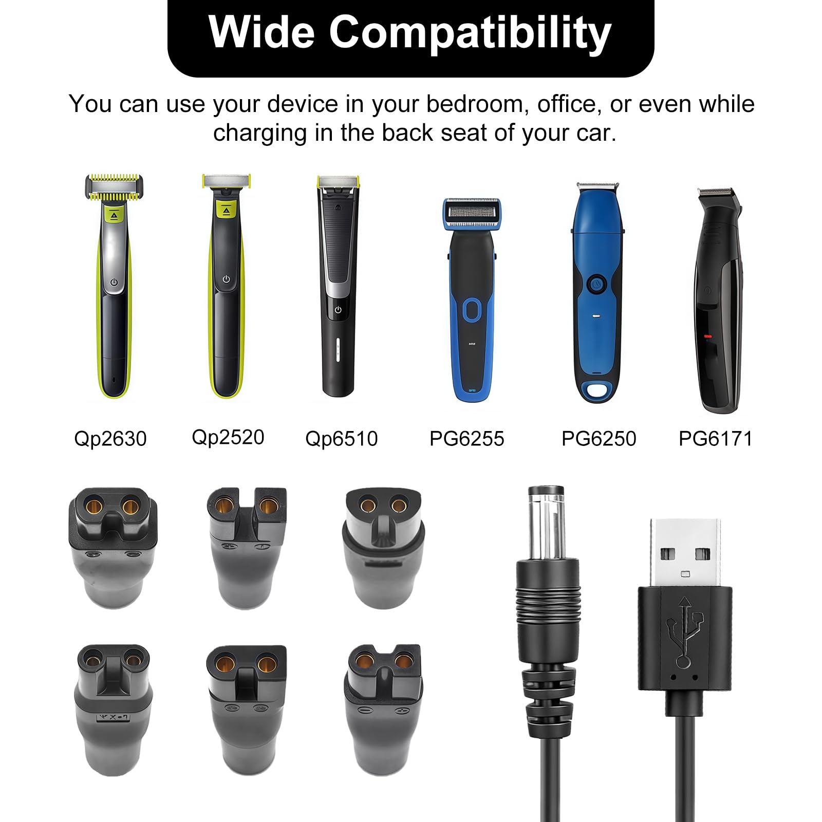 Flintronic Uniwersalny przewód USB, kabel ładujący 5V z 6 złączami, zasilacz ładowarka do Philips Norelco 7000/5000/3000/QT/QS/AT/PT/QG/BG/HQ/RQ/XL/XLCC/X/HS/QC Seria, kabel do golarki