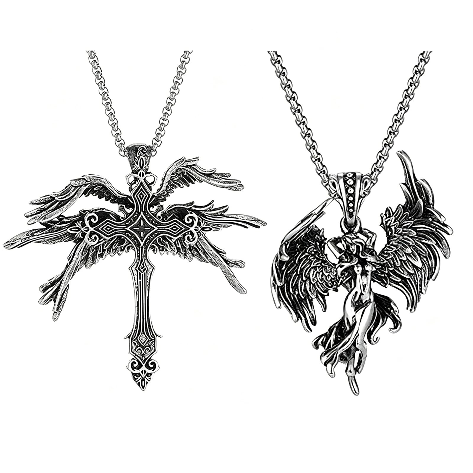 2-Piece Necklace for Men Set - Gothic Jewellery with Angel and Wing Pendant for Men, Theme Party Accessories-image-13