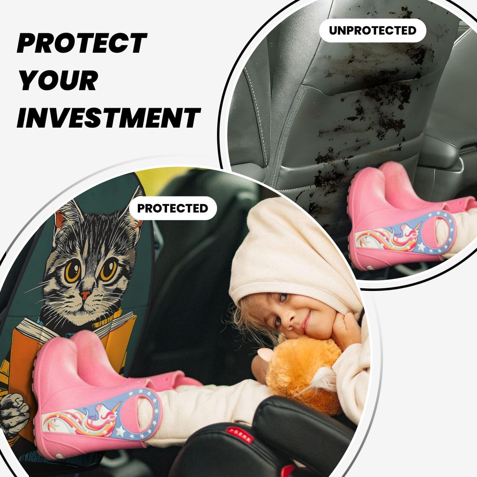 Vintage Tabby Cat Reading Car Seat Back Kick Protectors,2 Pack Kick Mats With Storage Pockets For Vehicles To Protect From Dirt Mud Scratches