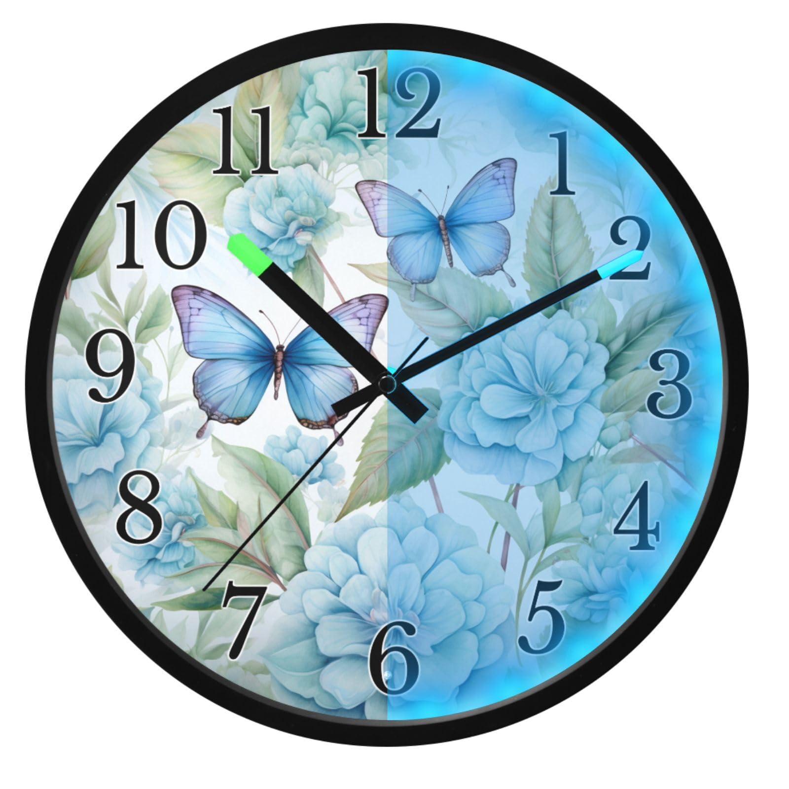 Mnsruu Reloj de pared luminoso con diseño de flores y mariposas, color azul, funciona con pilas, silencioso, brilla en la oscuridad, para sala de estar, cocina, 12 pulgadas