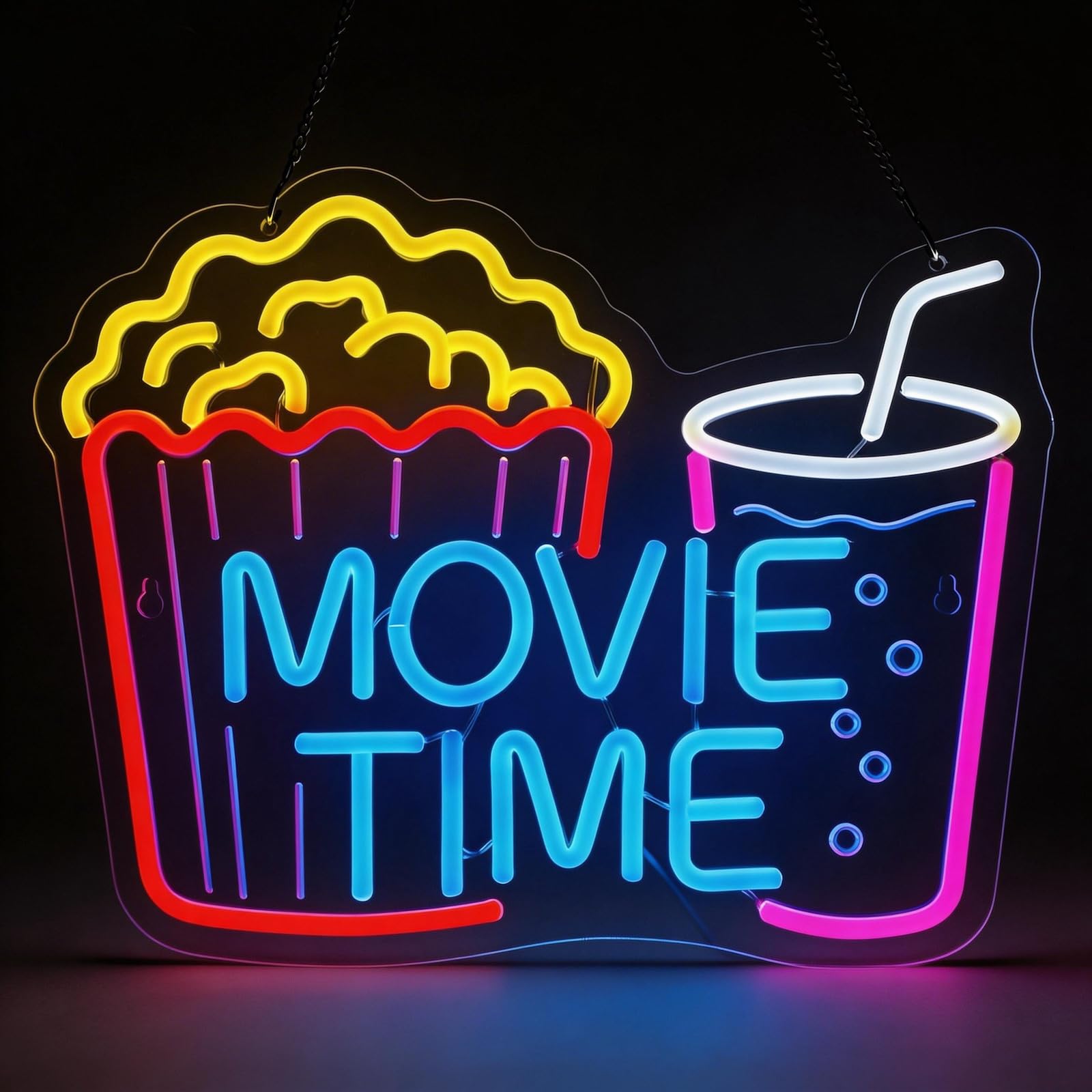 Movie Time - Insegna al neon con popcorn e bevande, luce LED dimmerabile per Home Theater e cinema, decorazione per la camera da letto, regalo per gli amanti del cinema (38 x 30 cm)