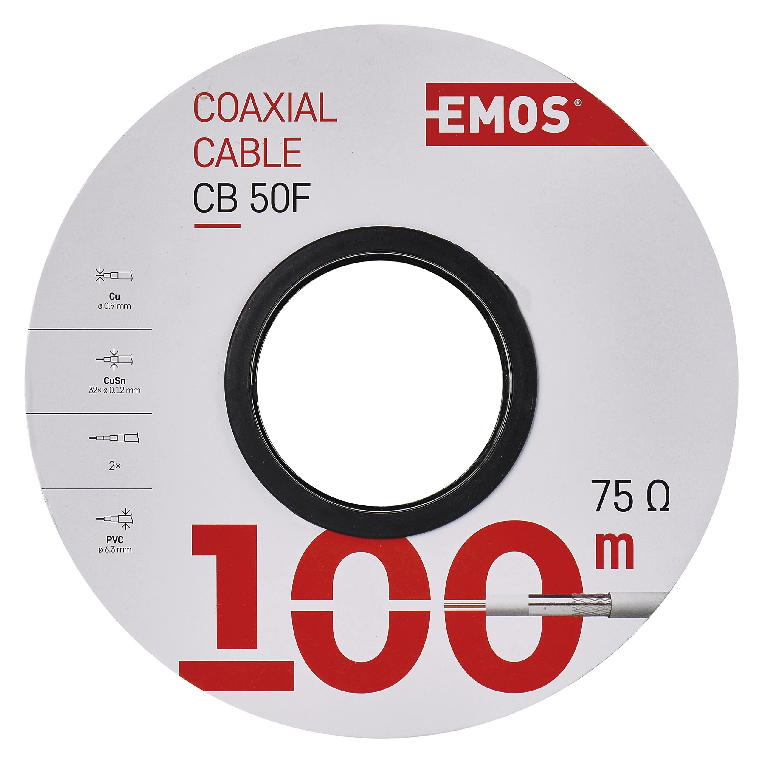 EMOS Kabel antenowy 100 m, biały, kabel koncentryczny do SAT, TV i CCTV, typ CB50F, podwójnie ekranowany kabel telewizyjny, kabel satelitarny o wymiarach ekranowania 75 dB, opór 75 omów