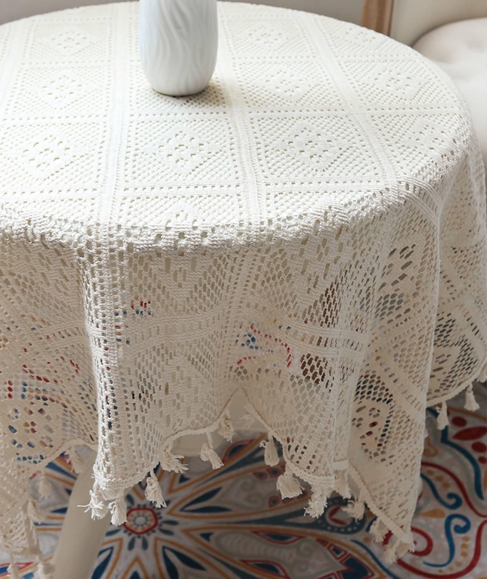 Gualiy Polyester Tischdecke Rund, Tischdecken 140 x 160 Tischdecke Abwaschbar Antirutsch Geometrischer Hohl Strick mit Quasten Tischdecken für Küche, Cremig Weiß