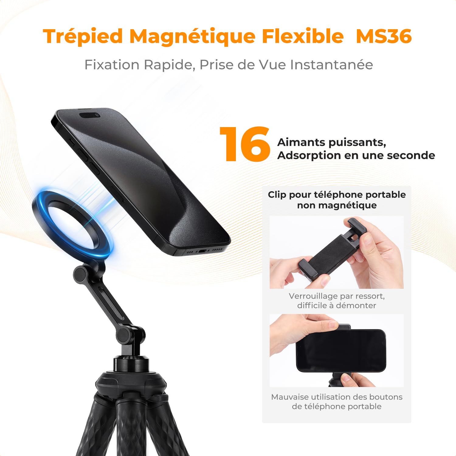 K&F CONCEPT Trépied pour Téléphone Magnétique, Mini Trépied Flexible Smartphone Portable, Gorillapod avec Télécommande Bluetooth, Trépied Smartphone pour iPhone Android, Trépied Octopus