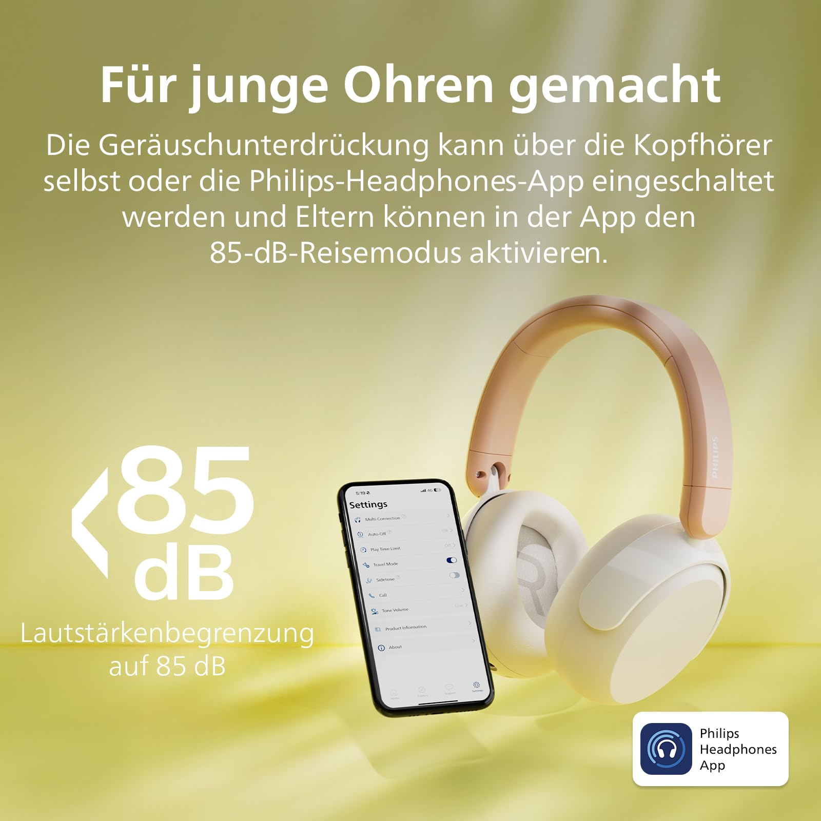 PHILIPS TAK5500AL 5500-Serie geräuschunterdrückende, kabellose, ohraufliegende Bluetooth-5.4-Kopfhörer für Kinder, faltbar, 34 Std. ANC-Wiedergabe, lautstärkenbegrenzt, Audio-Sharing, USB-C-Kabel