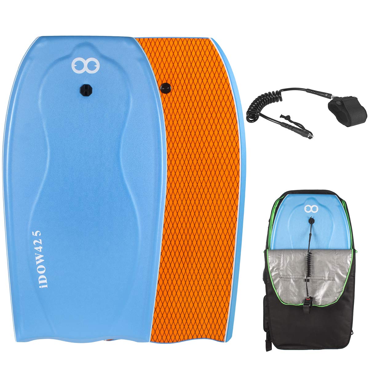 WOOWAVE Bodyboard 42.5 inch Includes Premium Body Board Bag and Coiled Wrist Leash, Pro Performance Body Board for Kids Adults - PE Core, IXPE Foam Deck, HDPE Slick Bottom, FRP Stringers (Blue)